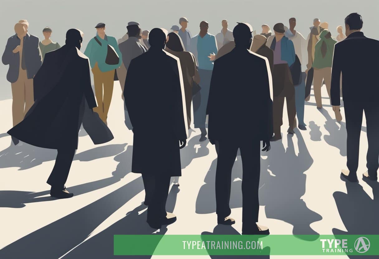 A shadowy figure looms over a group of people, their faces twisted in anguish as they follow the figure's every move