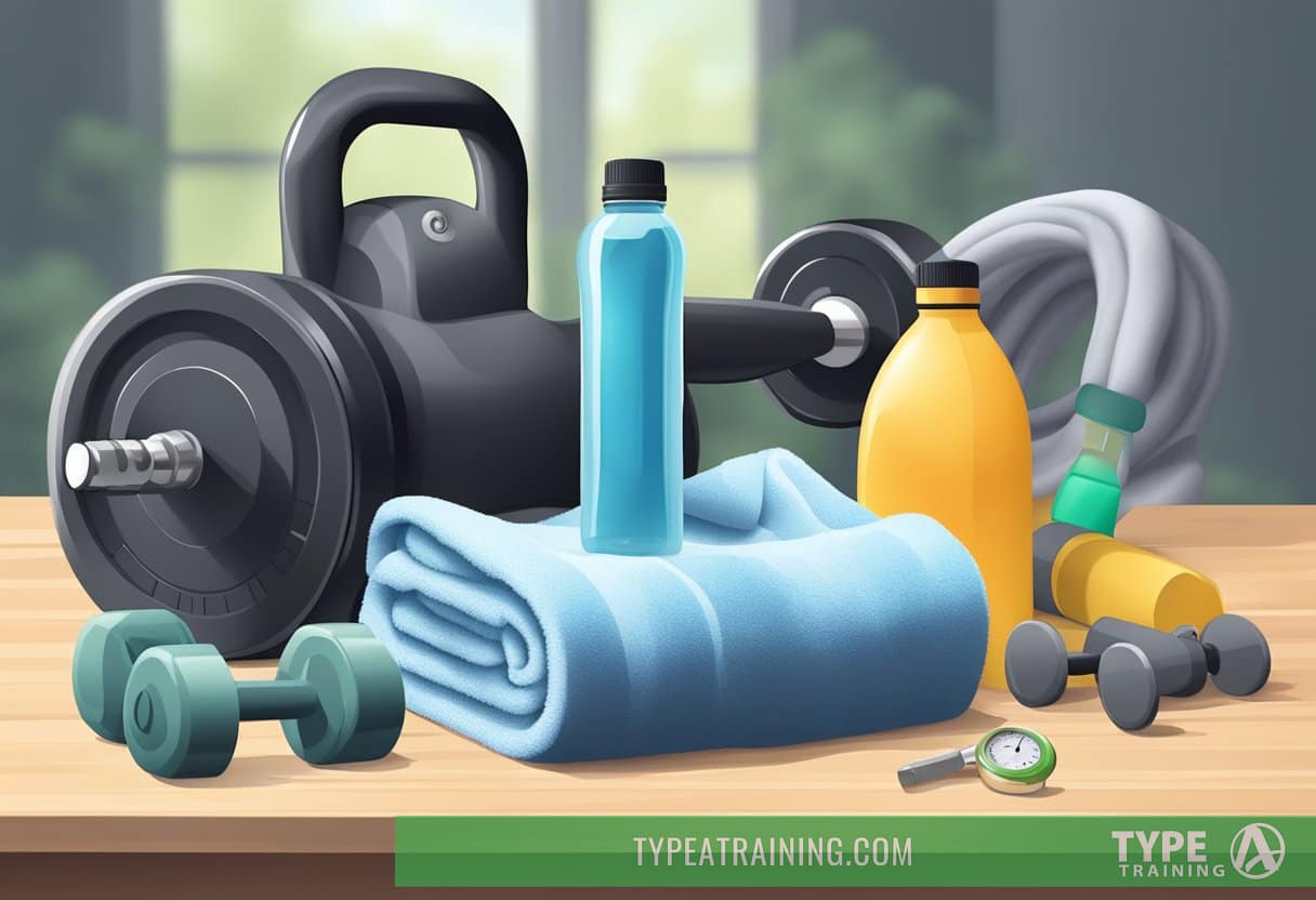 A gym setting with various exercise equipment, a stopwatch, and a water bottle. Sweaty towels and a sense of urgency in the air