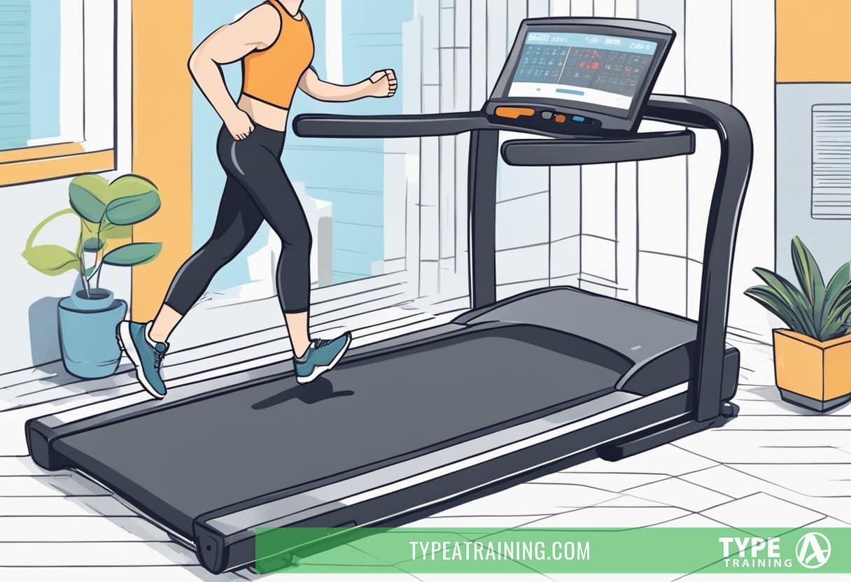 A stopwatch on a treadmill with a graph showing intervals. A calendar with marked workout days. A busy professional in running gear. A laptop with workout plans