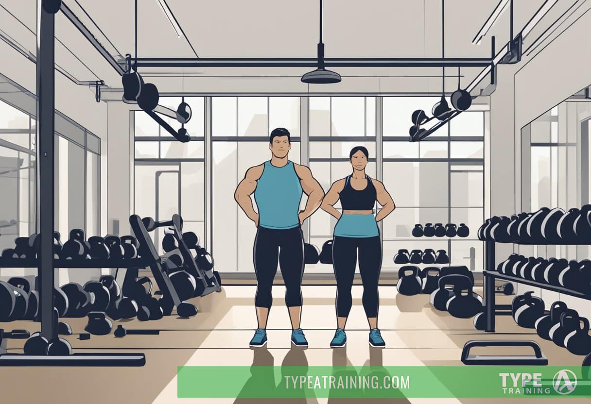 A person stands in a gym, surrounded by various sizes of kettlebells. They are performing a full-body workout, including squats, lunges, and overhead presses