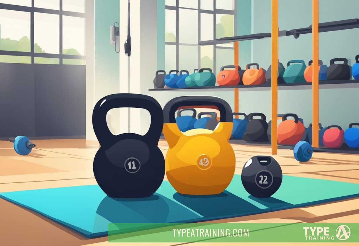 A kettlebell sits on the ground, surrounded by a variety of workout equipment. The scene is set in a bright and spacious gym, with colorful mats and weights in the background