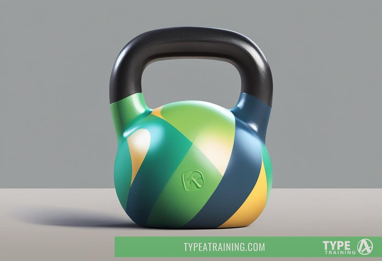 A kettlebell sits on the ground, ready for use. A person's feet are positioned shoulder-width apart, with arms extended to grasp the handle