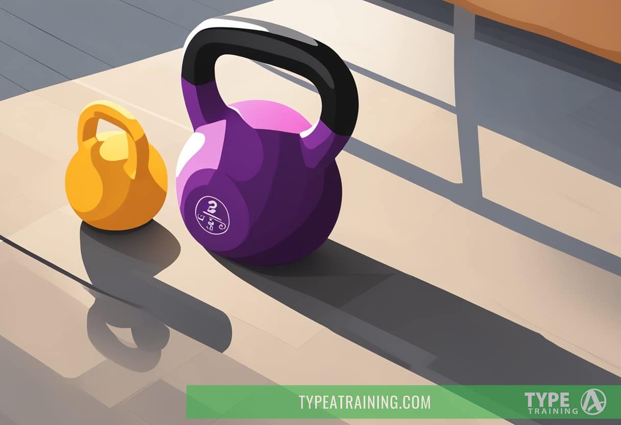 A kettlebell sits on the floor next to a workout mat. The room is well-lit with natural light, and there are no other objects in the scene