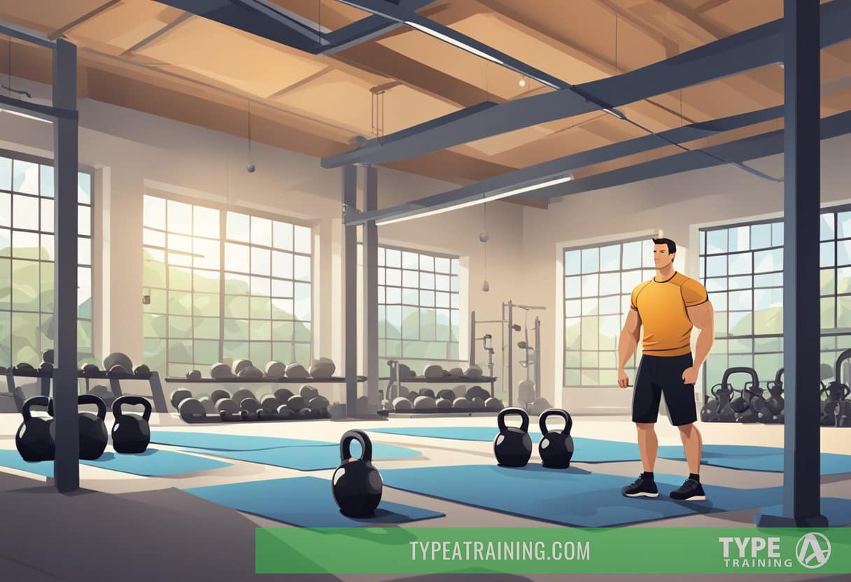 A beginner stands in a spacious, well-lit gym, surrounded by various kettlebell weights. Safety tips and common mistakes are displayed on a nearby poster