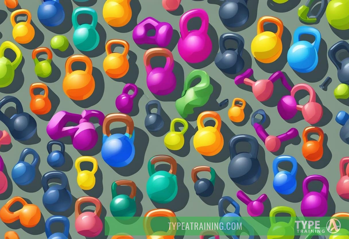 A variety of kettlebells in different sizes and colors arranged on a gym floor, with a workout mat and water bottle nearby
