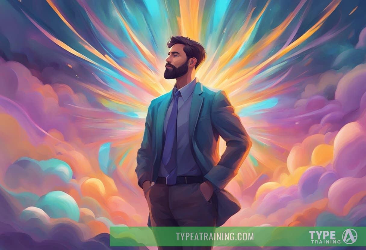 A figure stands tall, breathing deeply with a relaxed posture, surrounded by vibrant energy and a sense of overall well-being