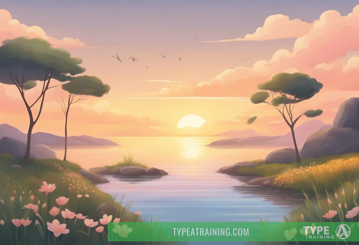 A serene, peaceful landscape with soft, warm colors. A feeling of relief and relaxation emanates from the scene