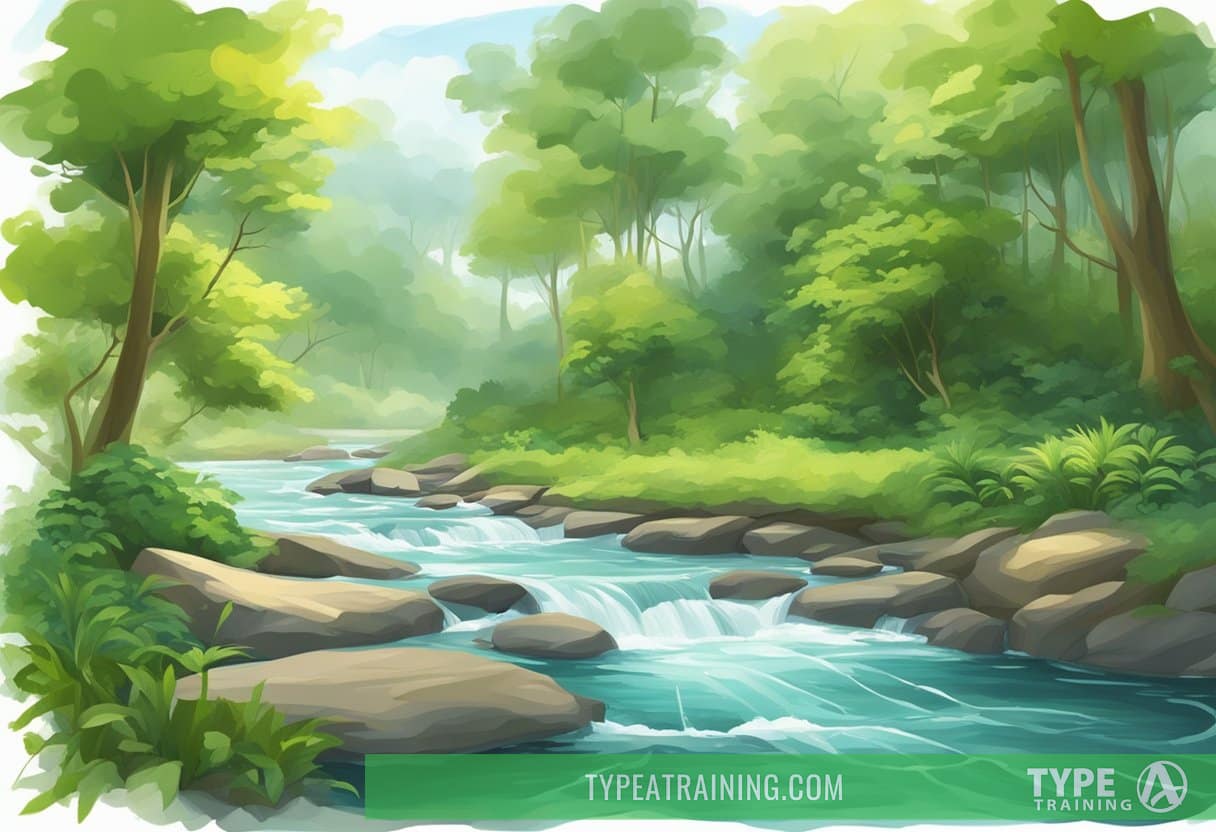 A serene landscape with flowing water and lush greenery, evoking a sense of calm and relaxation
