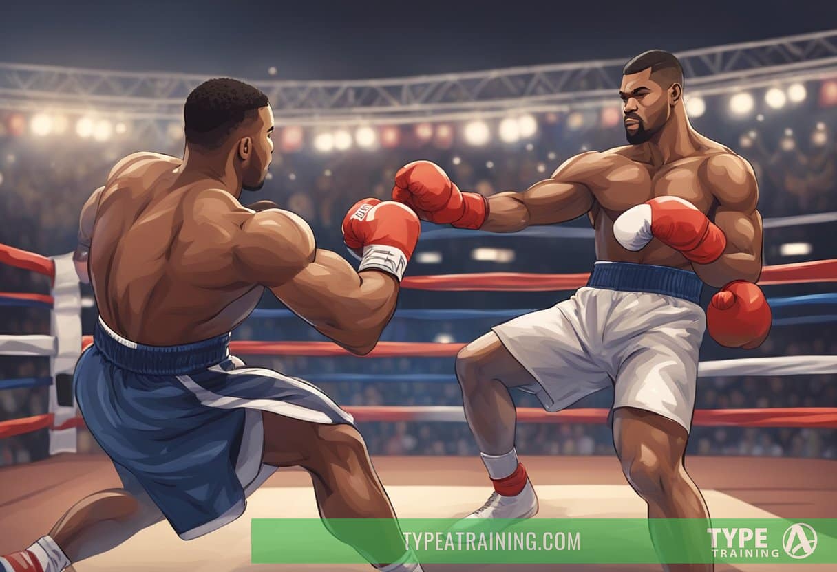Two boxers spar in a ring, dodging and weaving. The crowd cheers as the boxers demonstrate their agility and strength