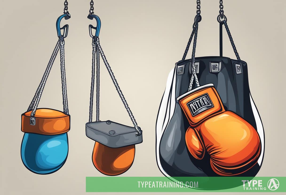 A boxing glove hangs on a punching bag, sweat drips down, and a scale shows decreasing numbers