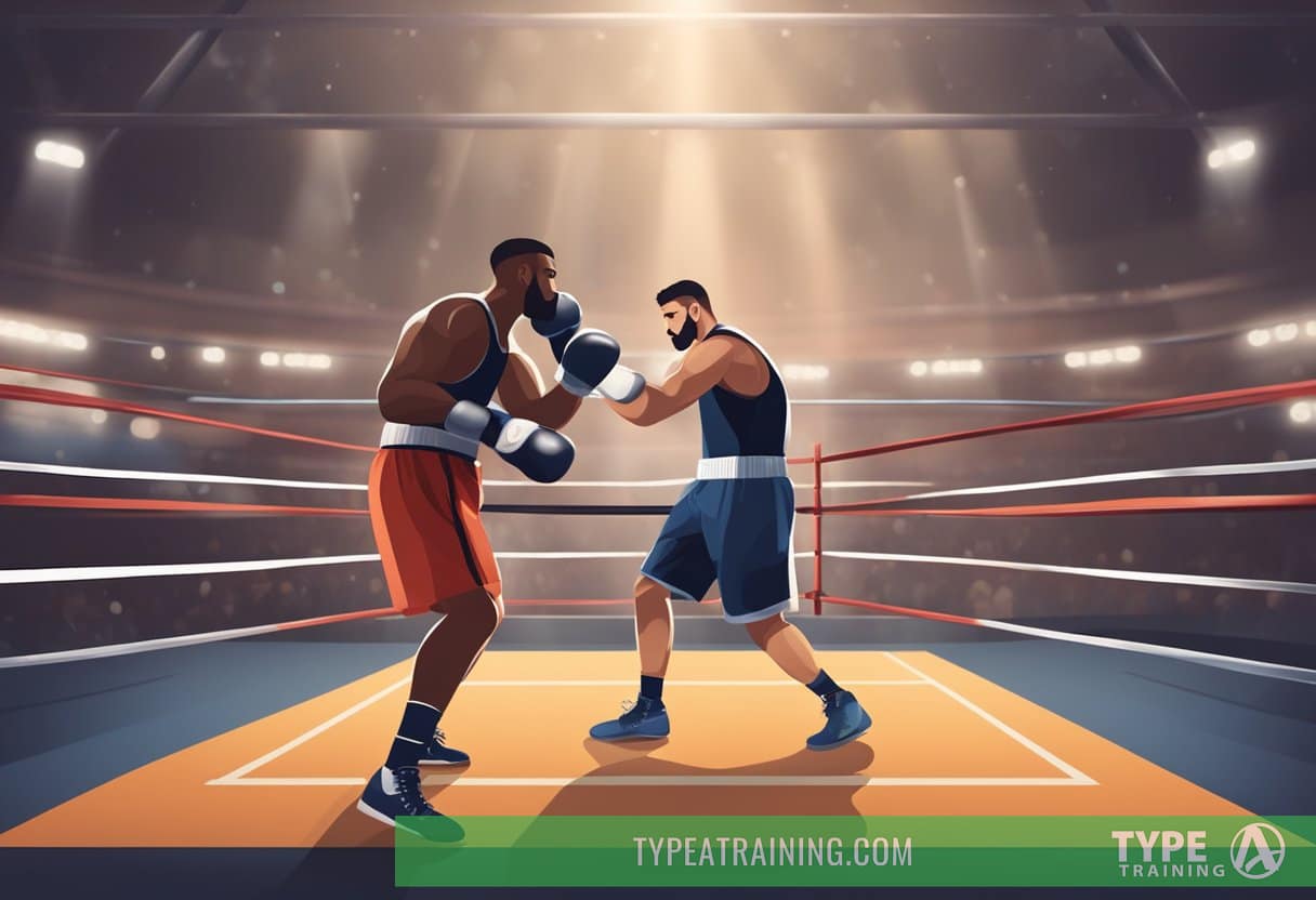 A boxing ring with equipment and a timer. A trainer and a client working on boxing drills. Sweat and determination in the air