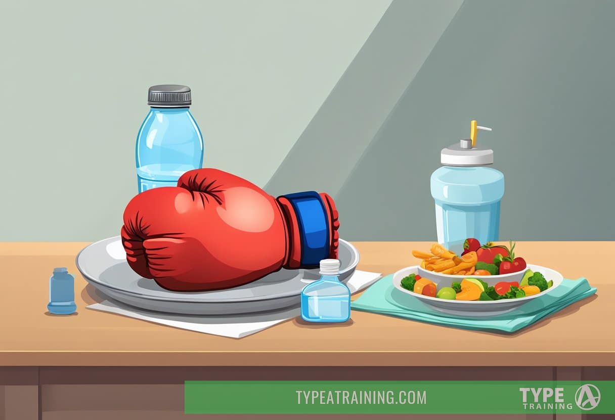 A boxing glove sits on a table next to a balanced meal and a water bottle, representing the nutrition and diet needed for supporting boxing-induced weight loss