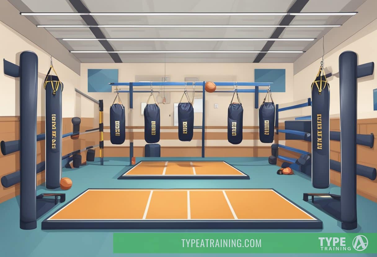Boxing gym with safety equipment, trainers demonstrating proper technique, and posters promoting injury prevention
