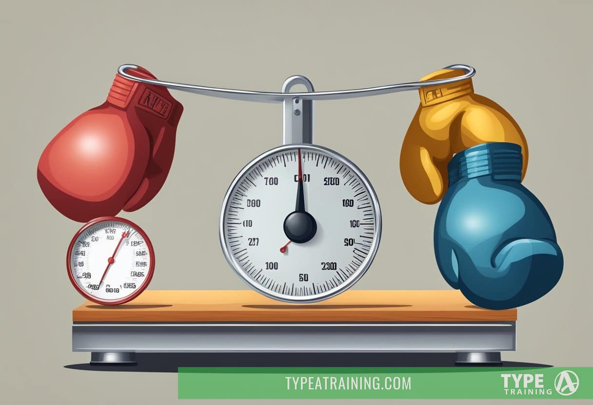 A scale next to boxing gloves, showing decreasing weight and increasing skill level