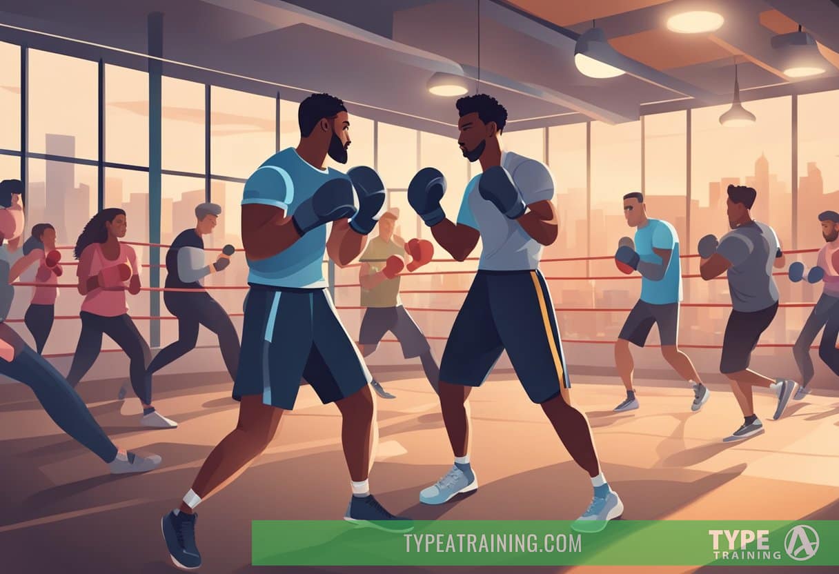 A person is boxing in a gym, surrounded by other people doing various cardio and strength activities. The atmosphere is energetic and focused