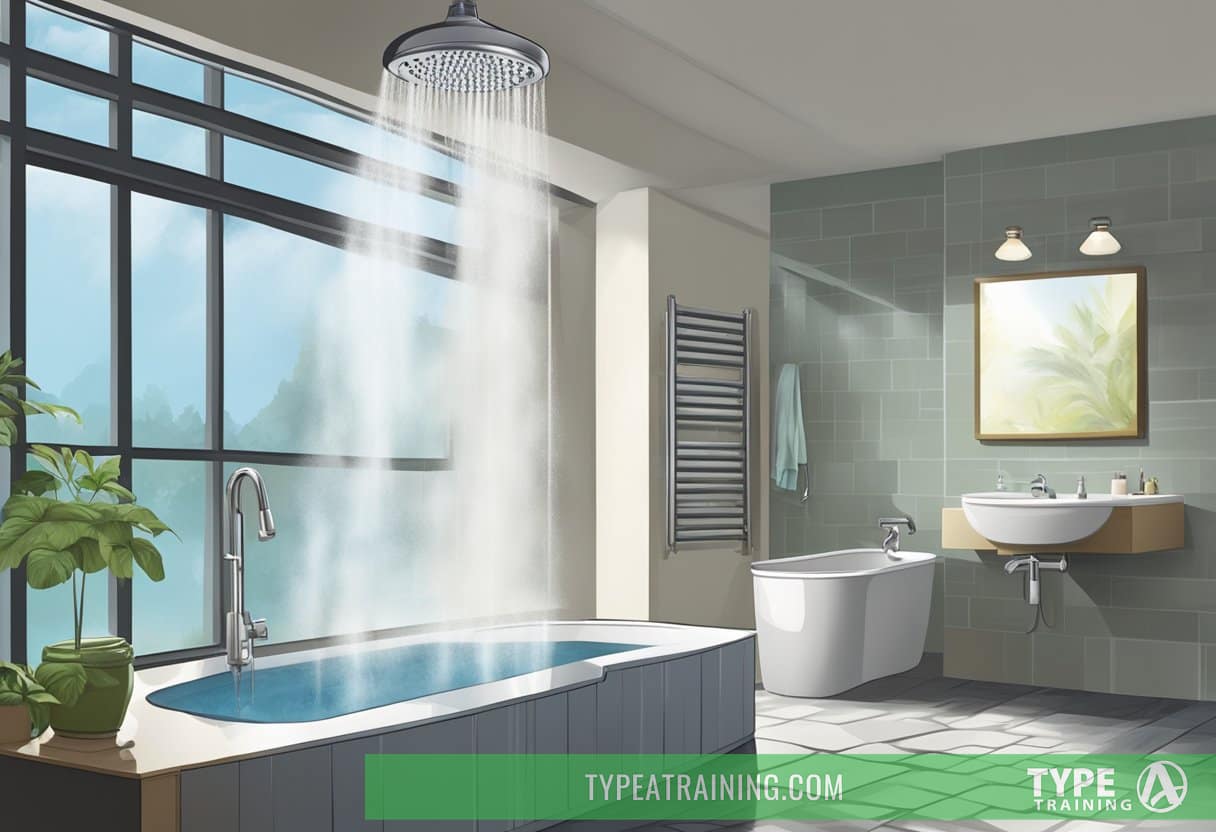 Steam rises from a shower head as water cascades down, creating a refreshing and invigorating atmosphere. A sense of rejuvenation and vitality is conveyed through the depiction of a cold shower