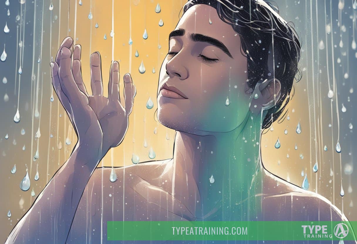 A person standing under a cold shower, water droplets bouncing off their skin, eyes wide open, alert and invigorated