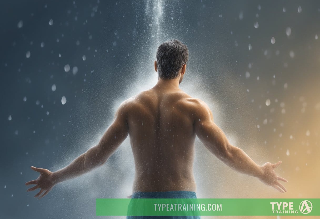 A person standing under a cold shower, water droplets bouncing off their skin, surrounded by steam, with a feeling of invigoration and increased immunity