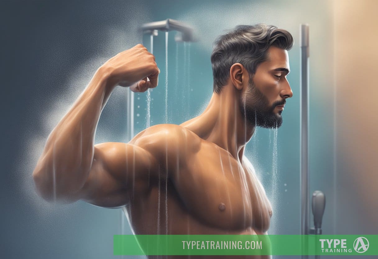 A person standing under a cold shower, steam rising, muscles relaxing, feeling refreshed and rejuvenated