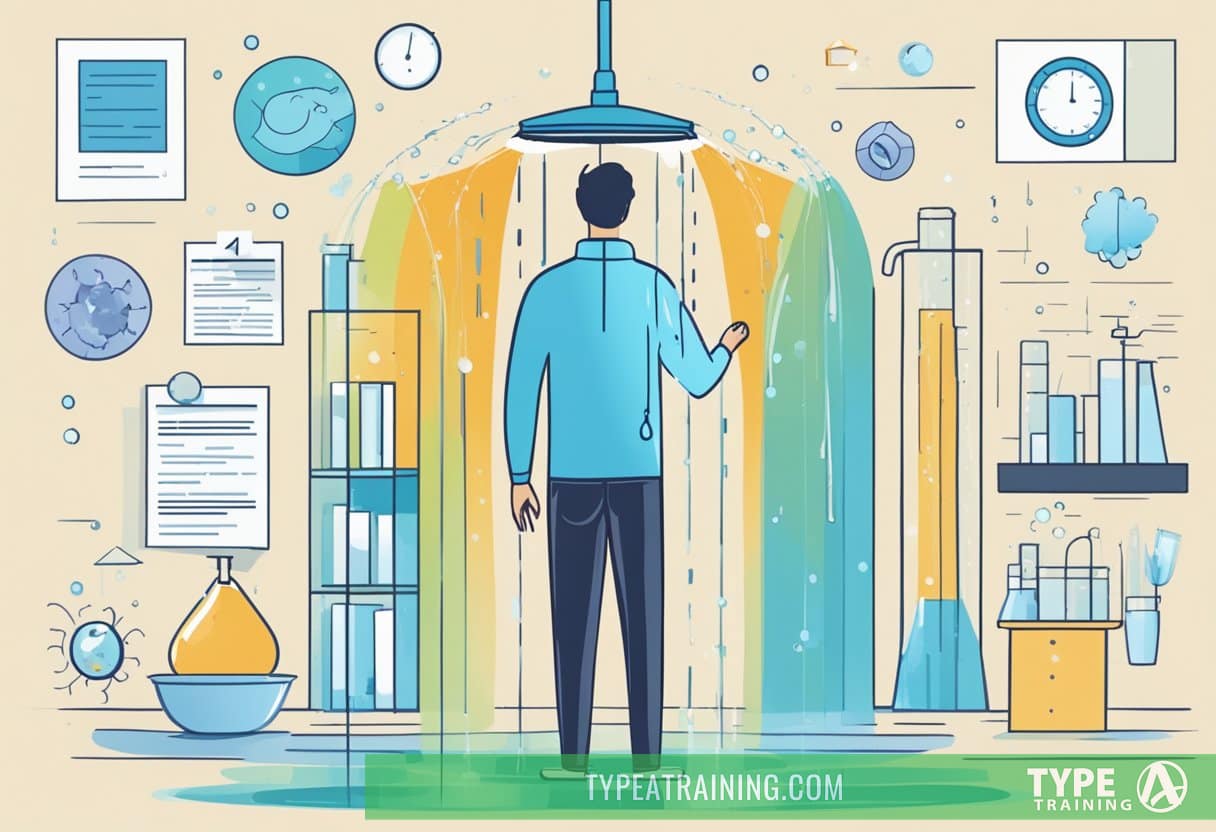 A person standing under a cold shower, surrounded by scientific research papers and graphs showing the 8 benefits of cold showers