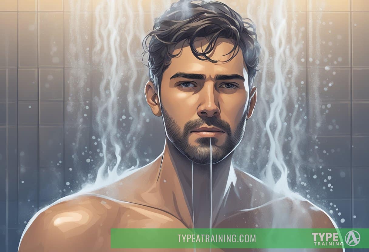 A person standing under a cold shower, steam rising, with a look of rejuvenation and vitality on their face