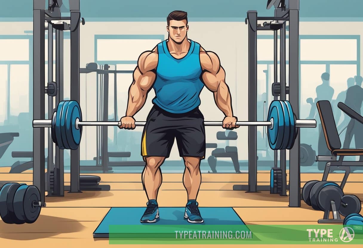 A baseball player lifts weights in a gym, focusing on foundational strength exercises. Equipment such as barbells, dumbbells, and weight machines are visible