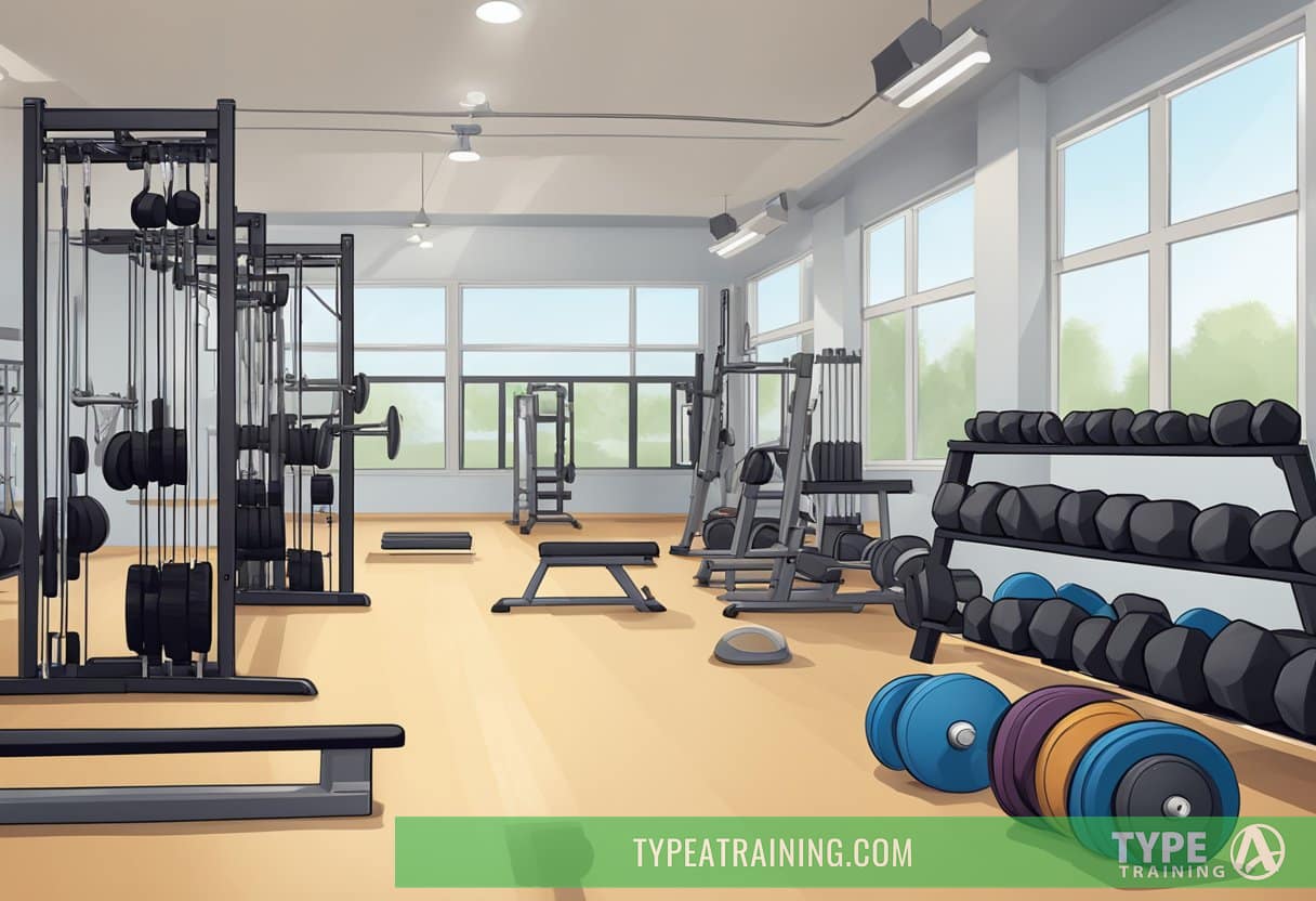 A weight training program for baseball, with equipment arranged in a gym setting, including free weights, resistance bands, and weight machines