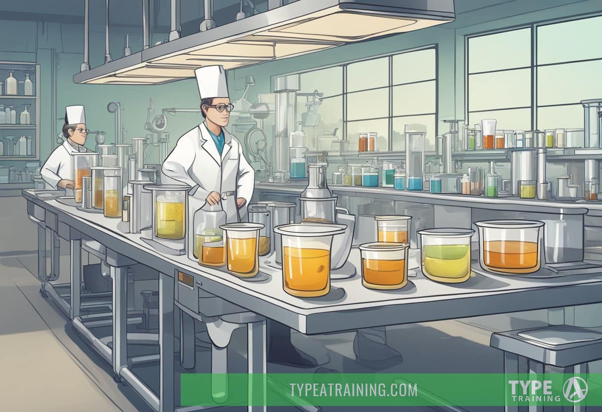 A bubbling pot of bone broth sits on a laboratory bench, surrounded by beakers and test tubes. Scientists in lab coats analyze its nutritional properties