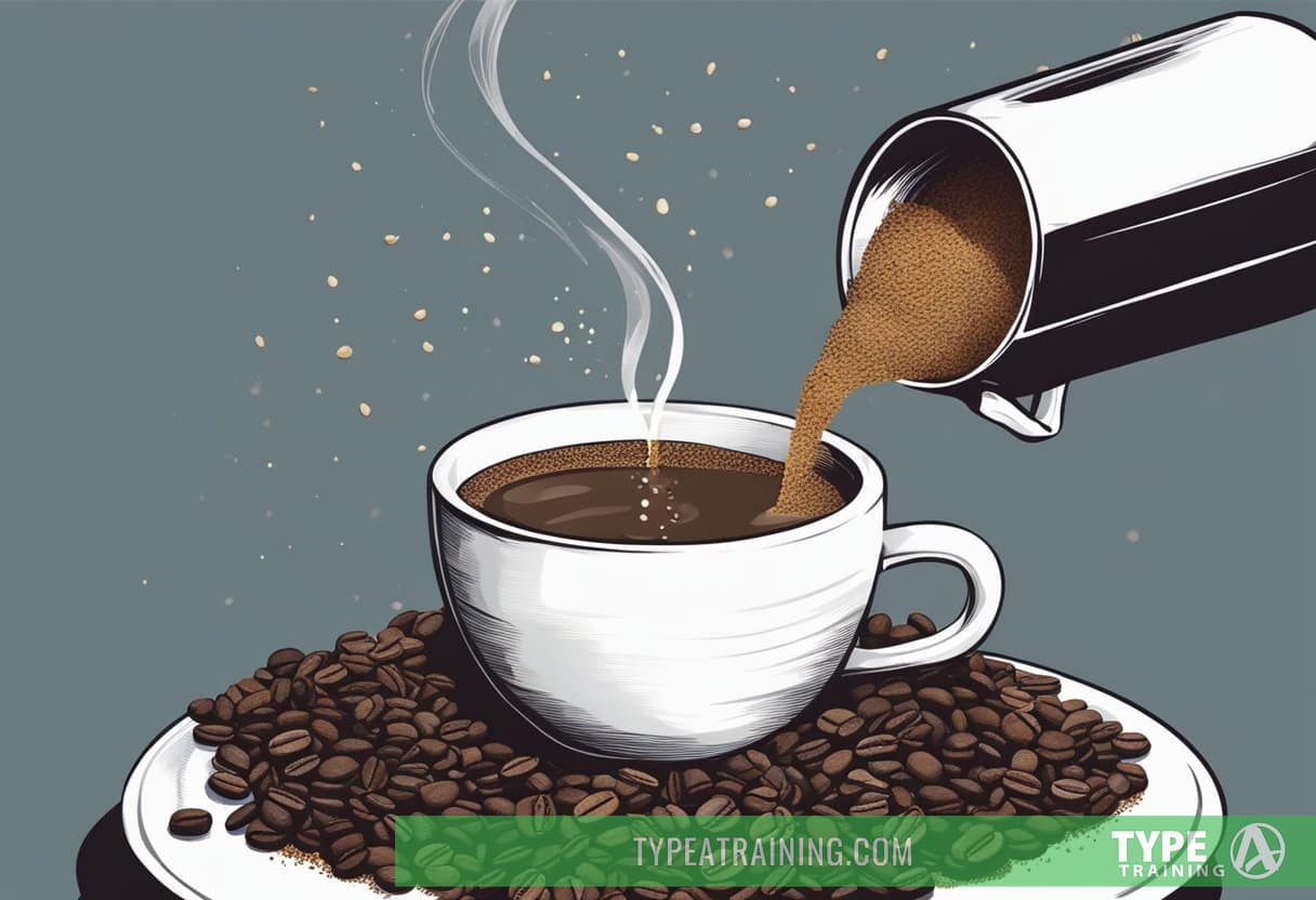 A hand pours hot water over coffee grounds in a slow, circular motion. The aroma of freshly brewed coffee fills the air, creating a calming and meditative atmosphere