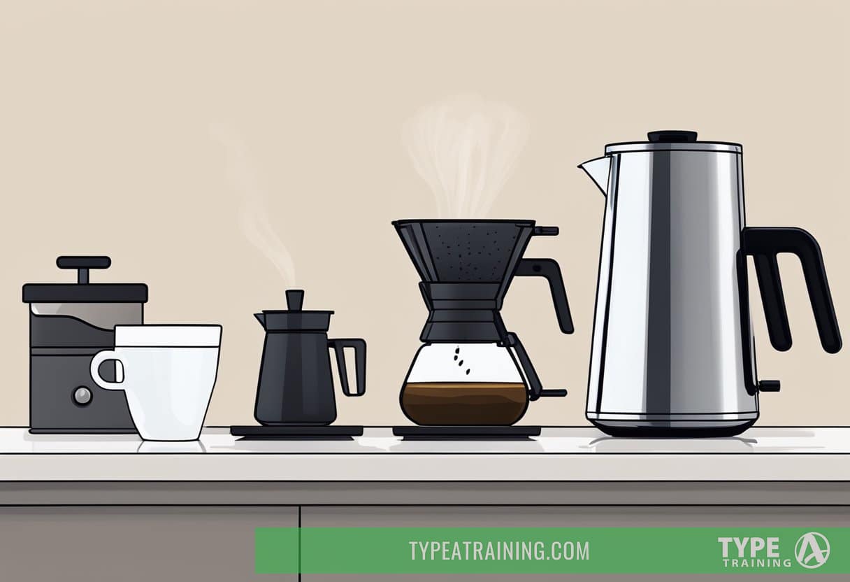 A pour-over coffee setup with a dripper, filter, and kettle on a clean, minimalist countertop. The steam rises as water is poured over the coffee grounds