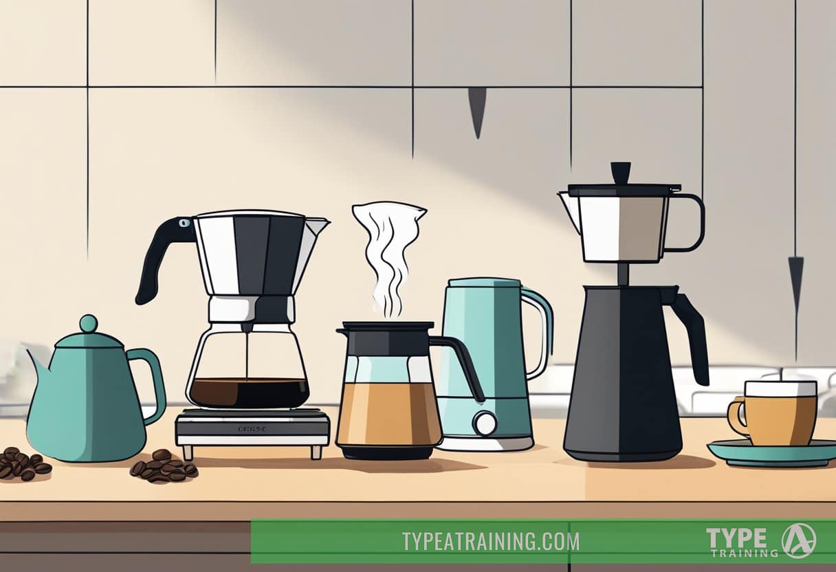 A pour-over coffee set up with a kettle, dripper, filter, and coffee grounds on a clean, clutter-free countertop