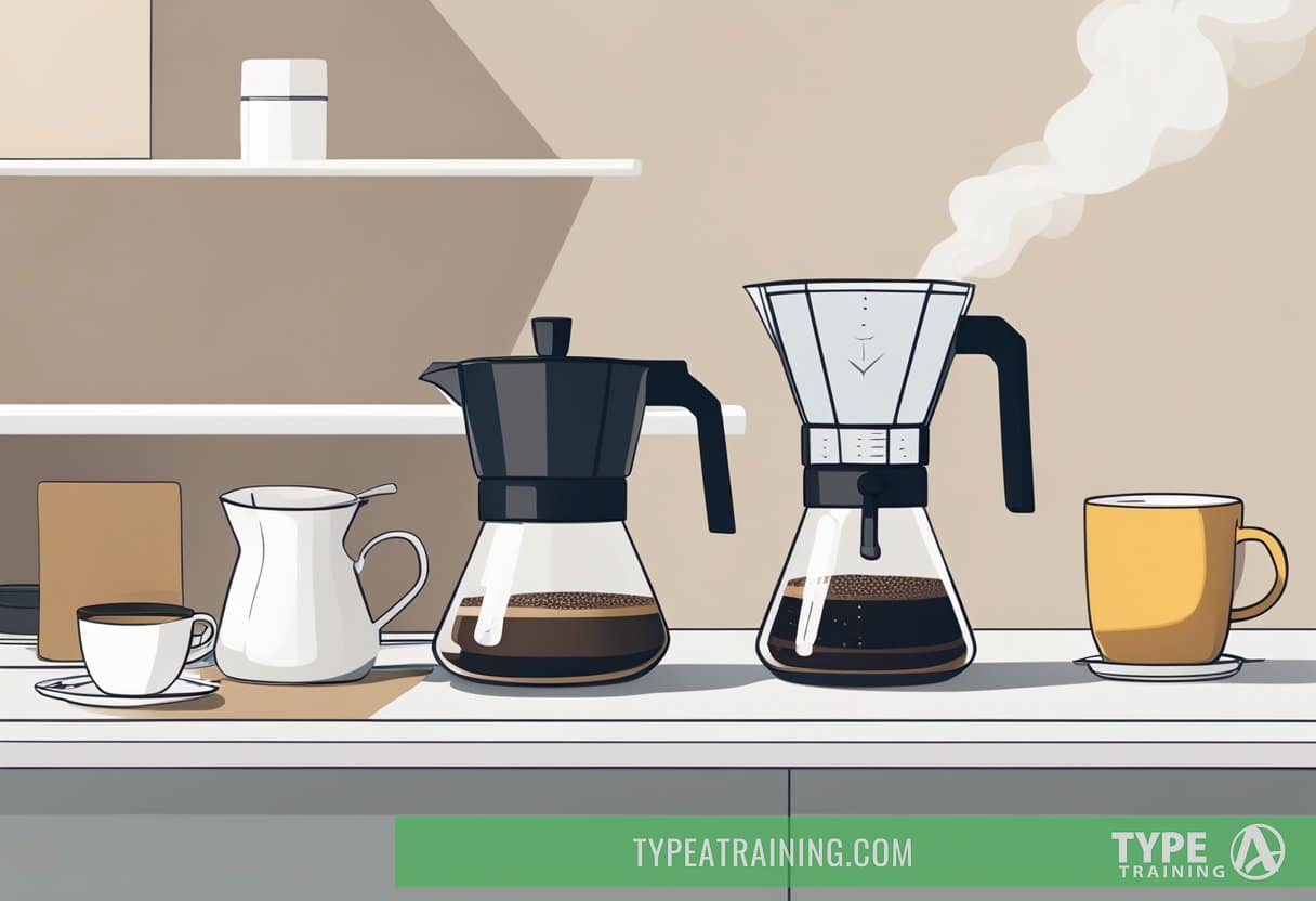 A pour-over coffee setup with a steaming kettle, a ceramic dripper, and a freshly ground coffee bag on a clean, minimalist countertop