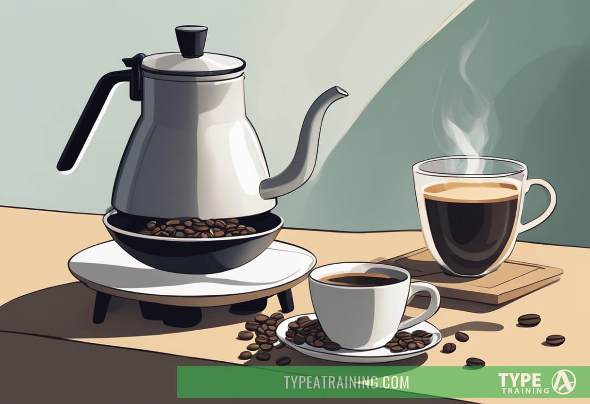 A serene scene of a pour-over coffee set-up with a steaming kettle, a ceramic dripper, and freshly ground coffee beans, surrounded by a peaceful and meditative ambiance