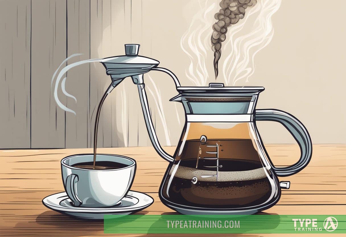 A serene pour-over coffee ritual, with steam rising from the carafe and the aroma of freshly brewed coffee filling the air