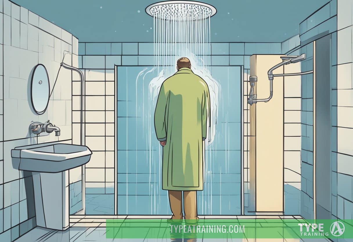 A person stands between two shower heads, one emitting cold water and the other hot water. Steam rises from the hot shower while the cold shower sends shivers down the person's spine