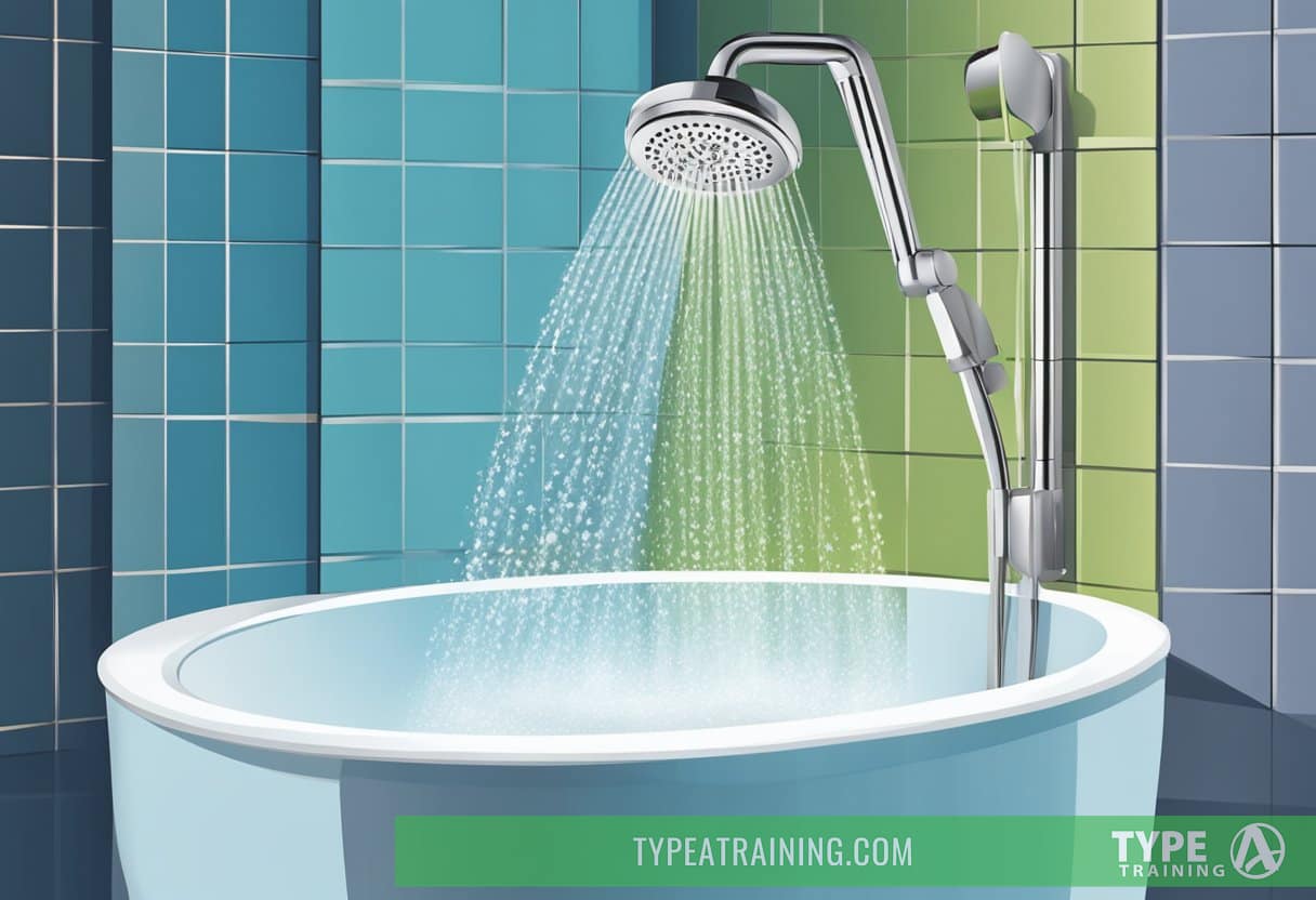 A shower head with two streams of water, one cold and one hot, flowing down into a bathtub or shower floor