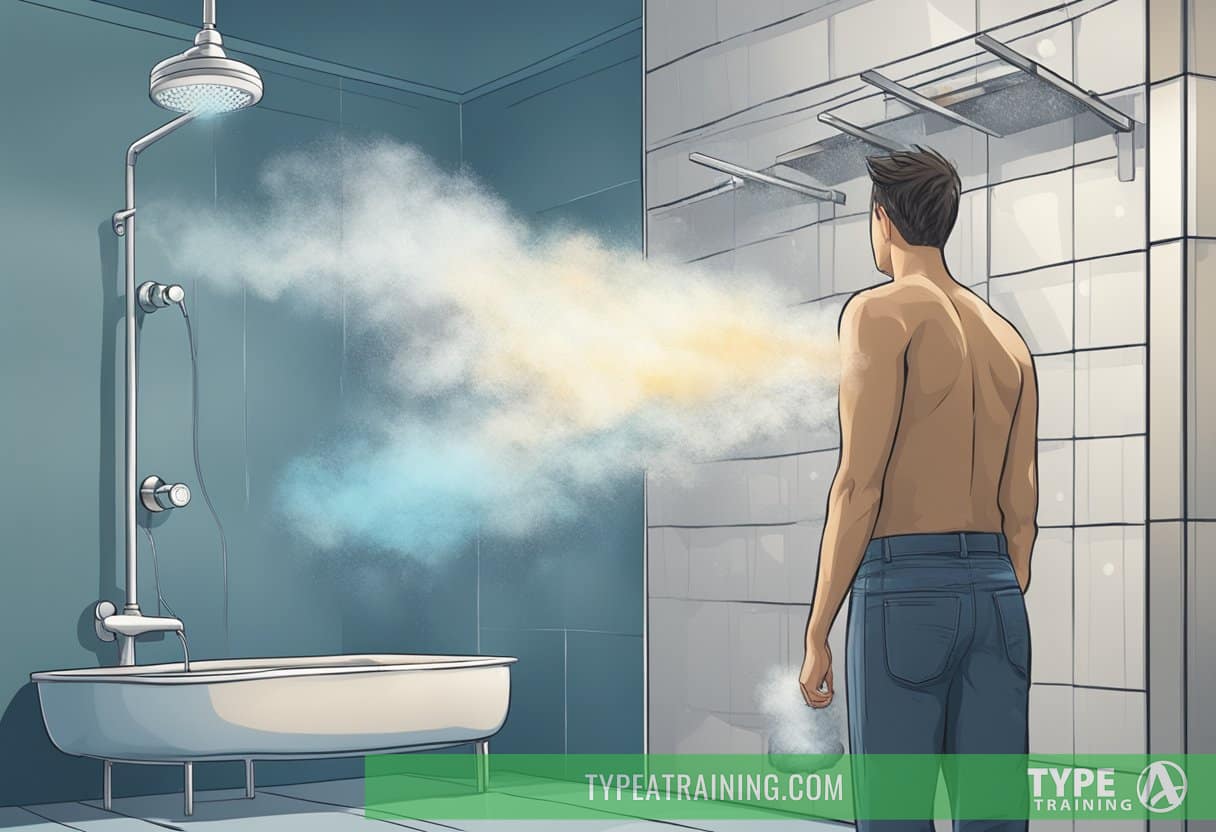 A person standing between two showers, one cold and one hot, with steam rising from the hot shower and a shiver from the cold