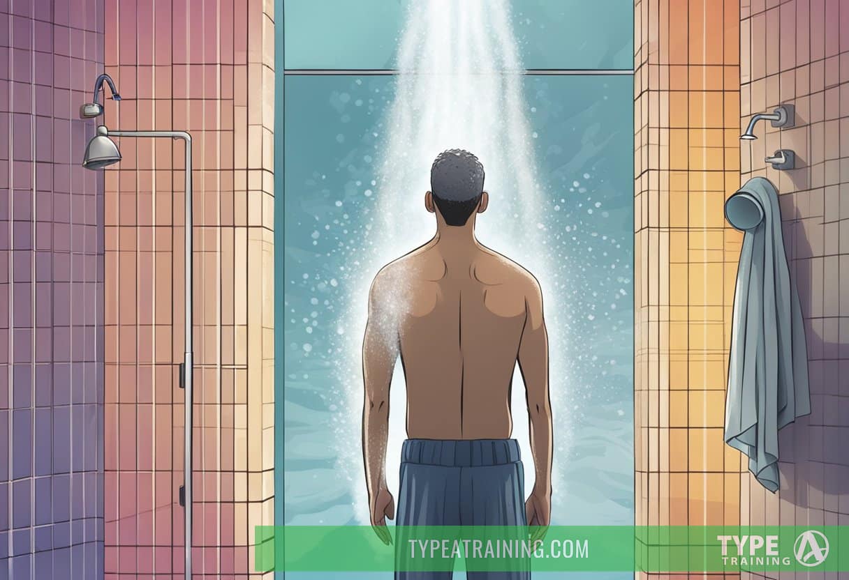 A person stands between two showers, one cold and one hot, with steam rising from the hot shower and a refreshing chill emanating from the cold shower