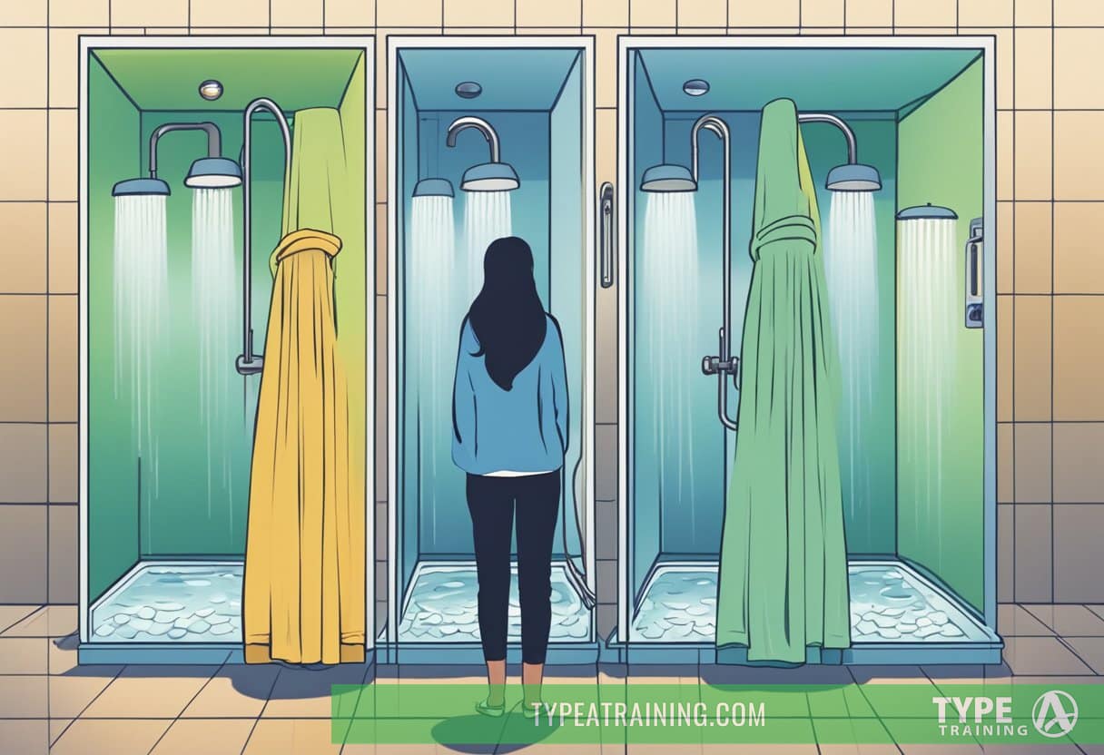 A person standing in front of two separate showers, one with cold water and one with hot water, pondering which one to choose