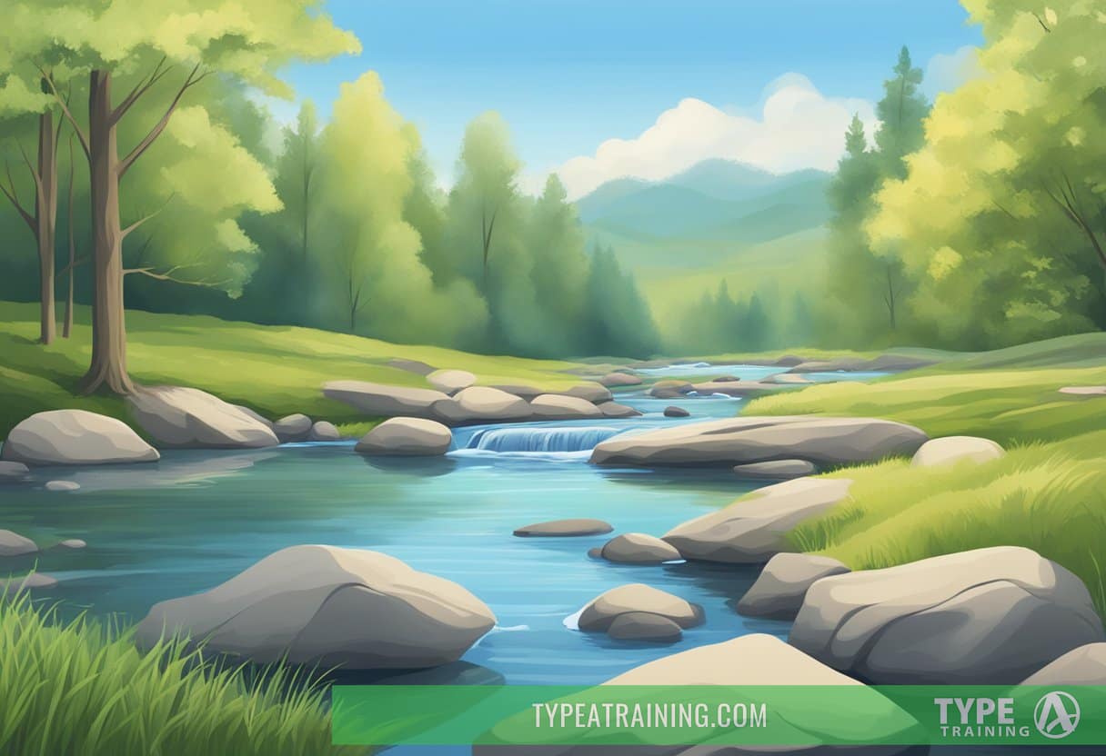 A serene nature scene with gentle, flowing streams and a clear blue sky, showcasing the tranquility and peace that comes with practicing breathing exercises for anxiety