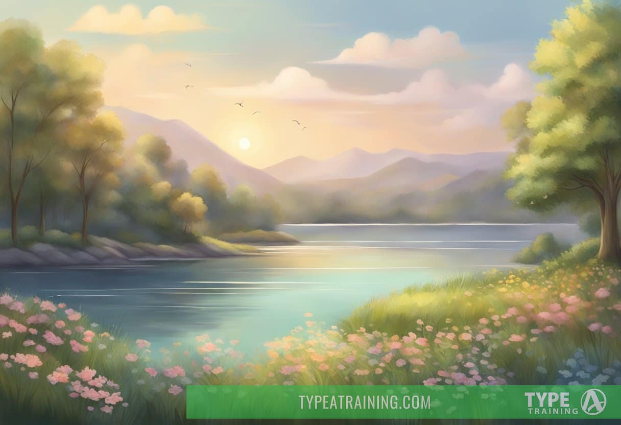A serene setting with a calm atmosphere, featuring a peaceful landscape and gentle, rhythmic movements to convey the practice of breathing exercises for anxiety