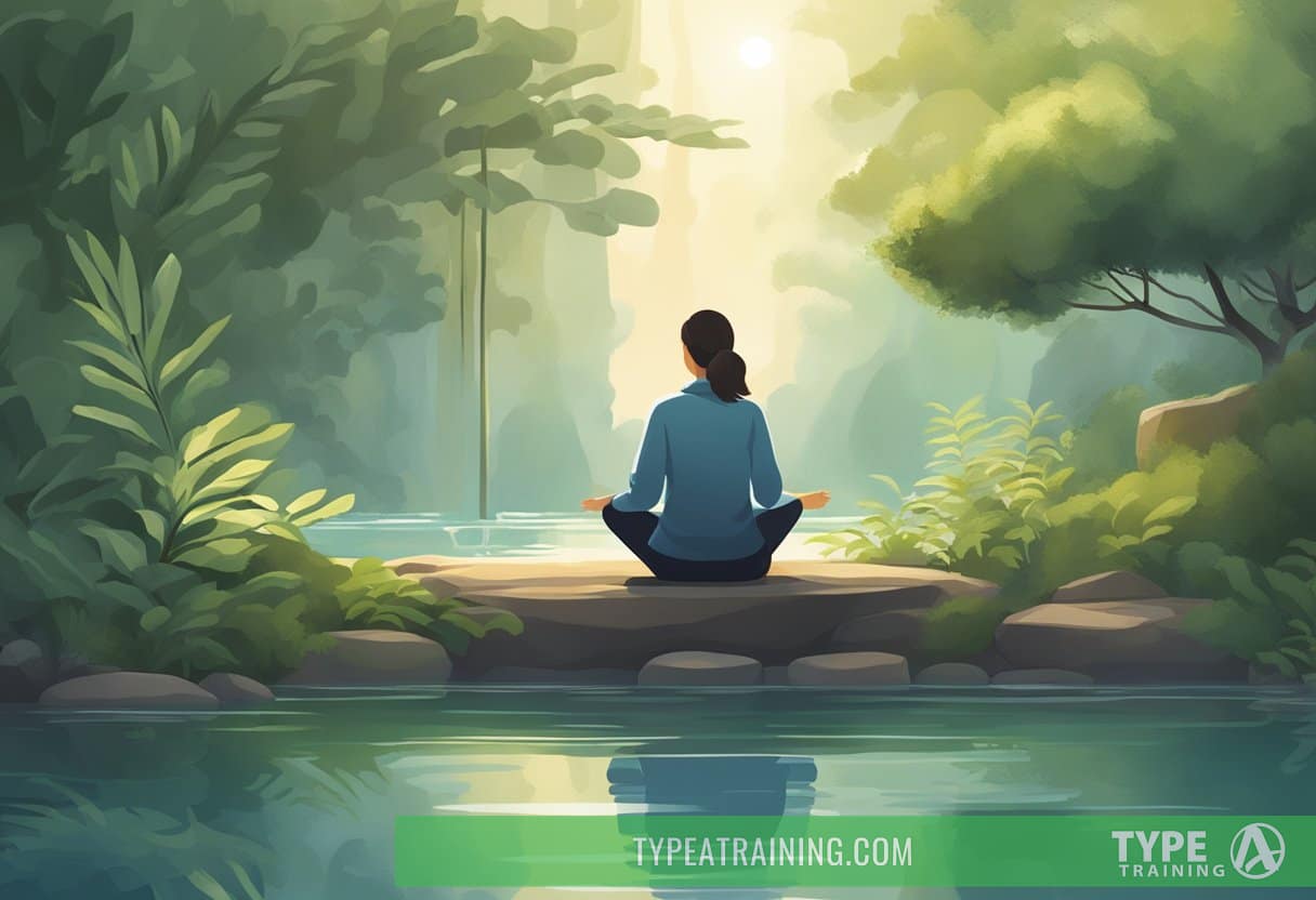 A serene setting with soft, natural lighting. A person sits comfortably, focusing on their breath. Surrounding them are calming elements like plants and gentle, flowing water