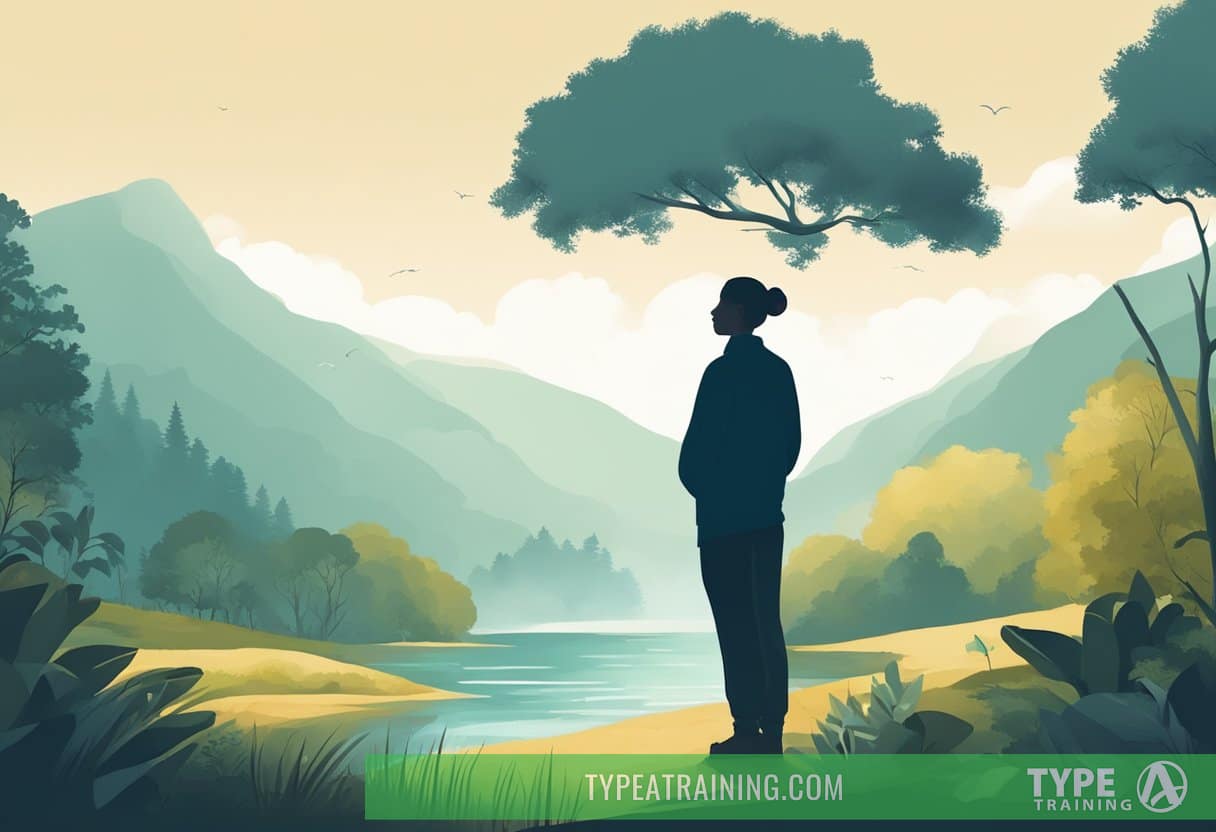 A serene setting with a person's silhouette surrounded by nature, practicing deep breathing exercises with calm and focused expression