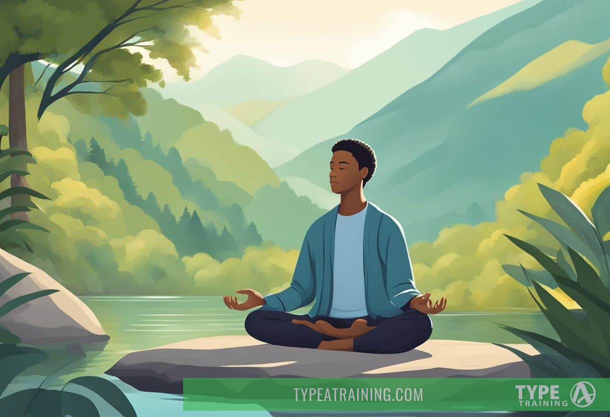 A serene setting with a person meditating, surrounded by nature, practicing deep breathing exercises to manage anxiety
