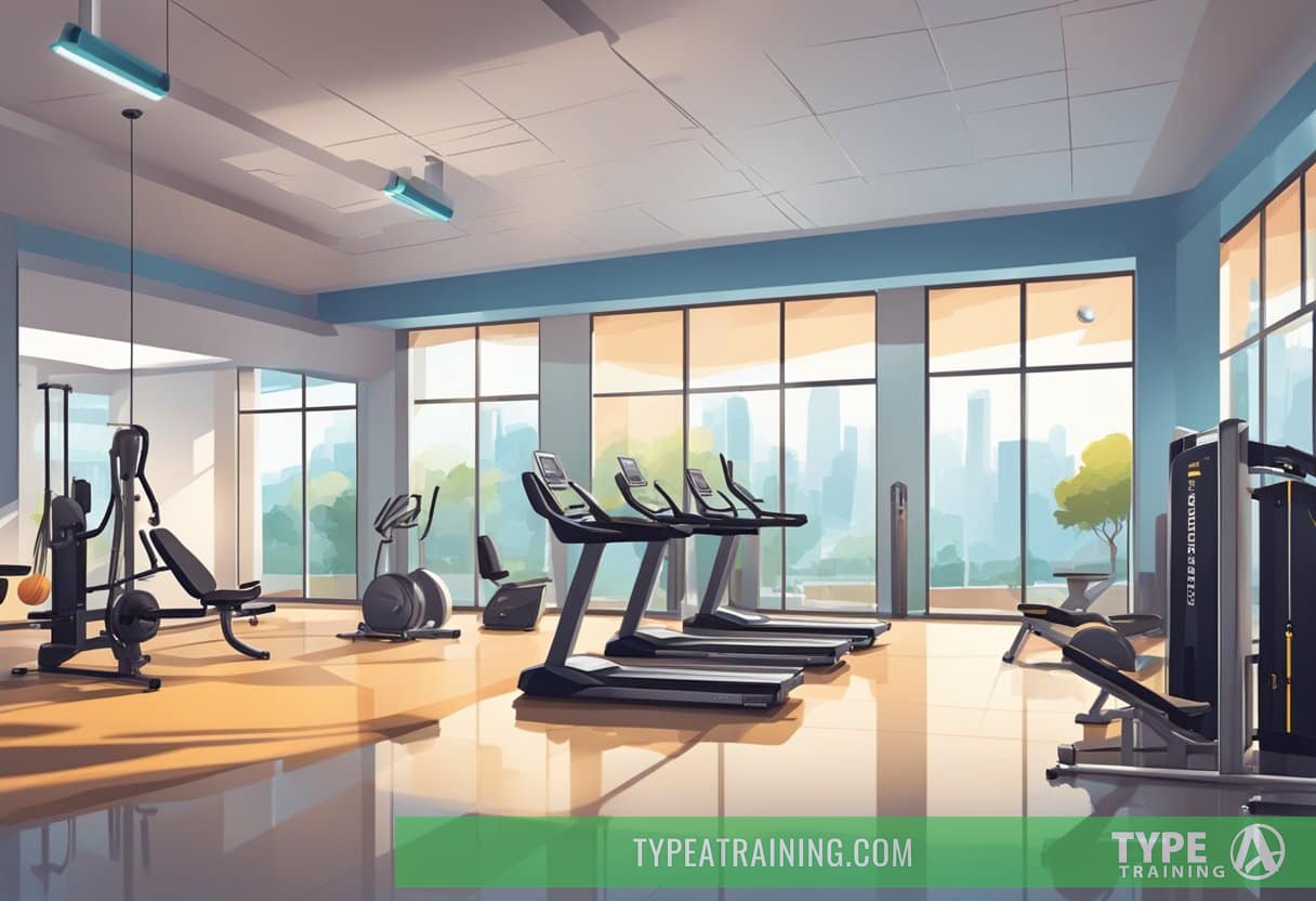 A bright, spacious gym with modern equipment and motivational posters. Trainer and client working together. Clean, organized environment with natural light