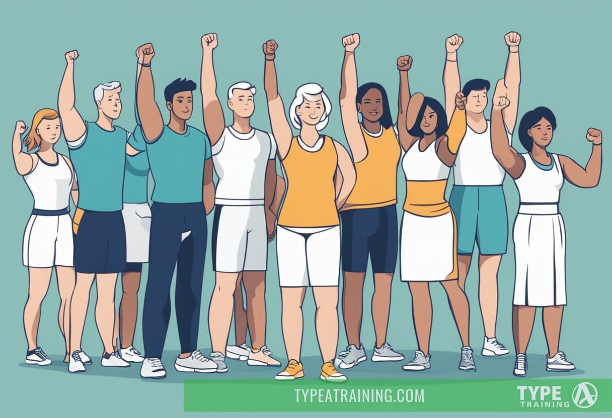 A group of experienced trainers stand confidently, holding up eight fingers to symbolize the reasons to choose Type A Training for personal training
