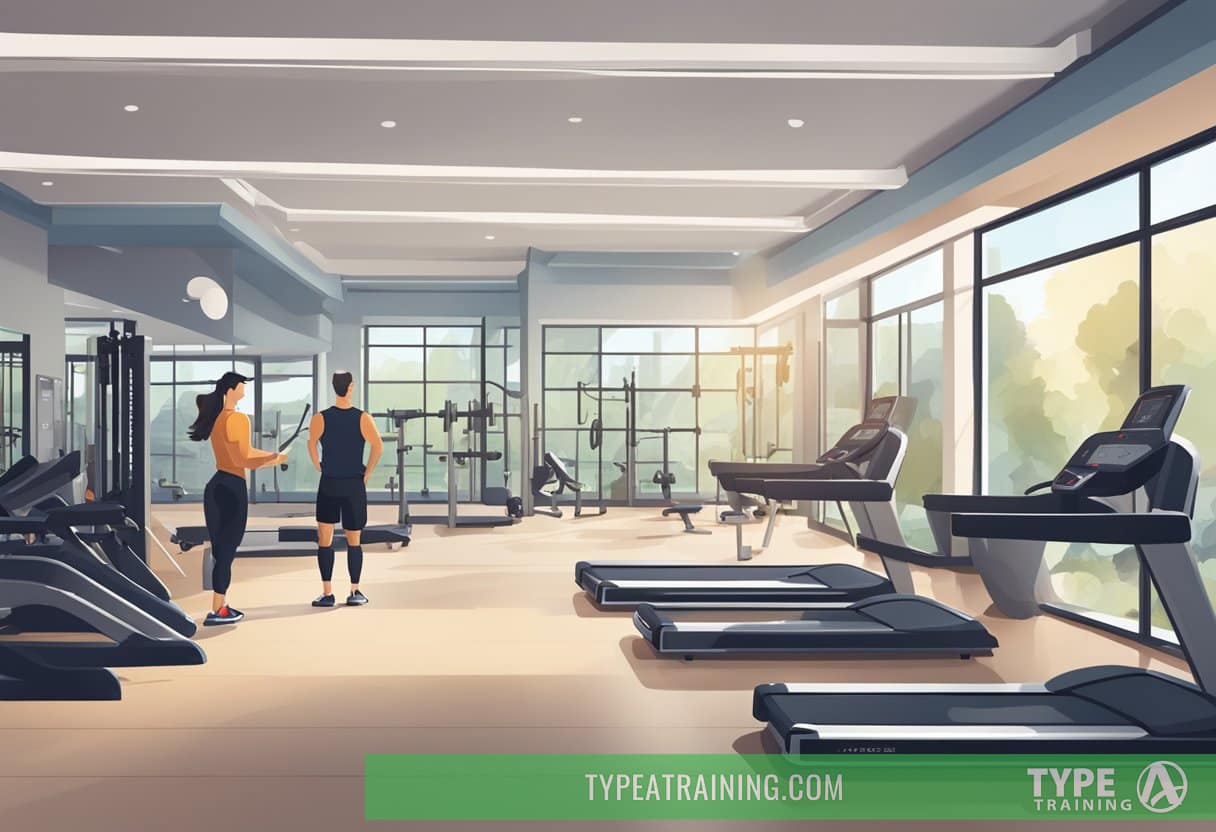 A spacious, well-lit gym with modern equipment and motivational posters. A personal trainer guides a client through a dynamic workout, focusing on individual goals and Type A Training's tailored approach