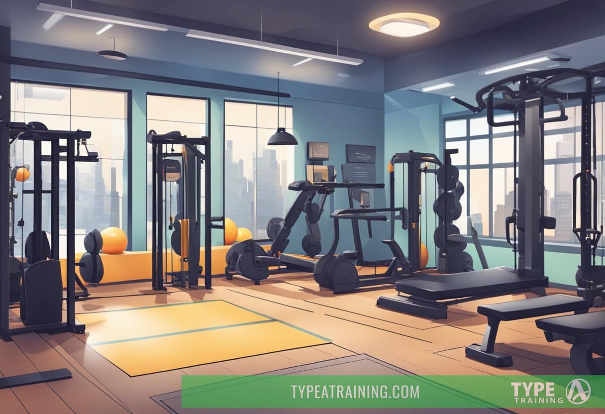 A gym with bright lights, equipment neatly arranged, motivational posters on the walls, and a whiteboard displaying "8 Reasons to Choose Type A Training for Personal Training."