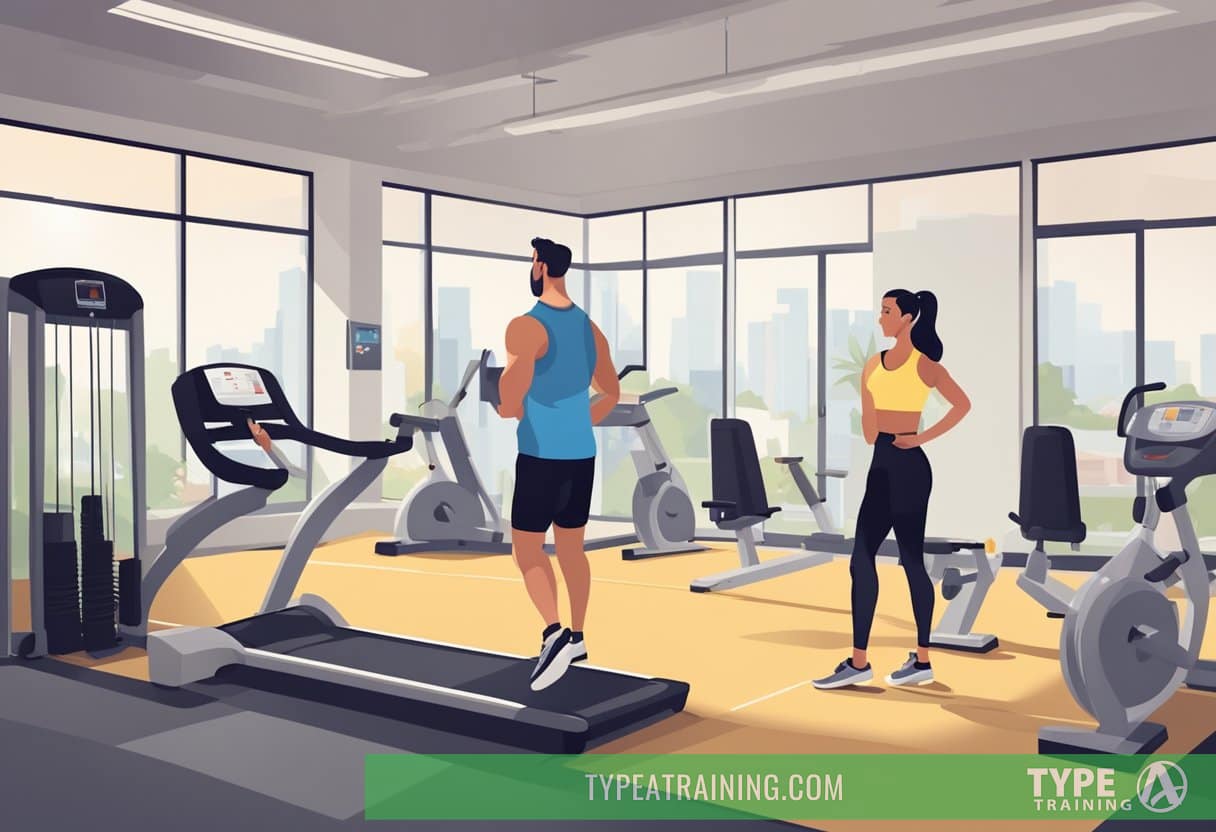 A bright, spacious gym with modern equipment and motivational posters. A trainer guides a client through a safe, effective workout