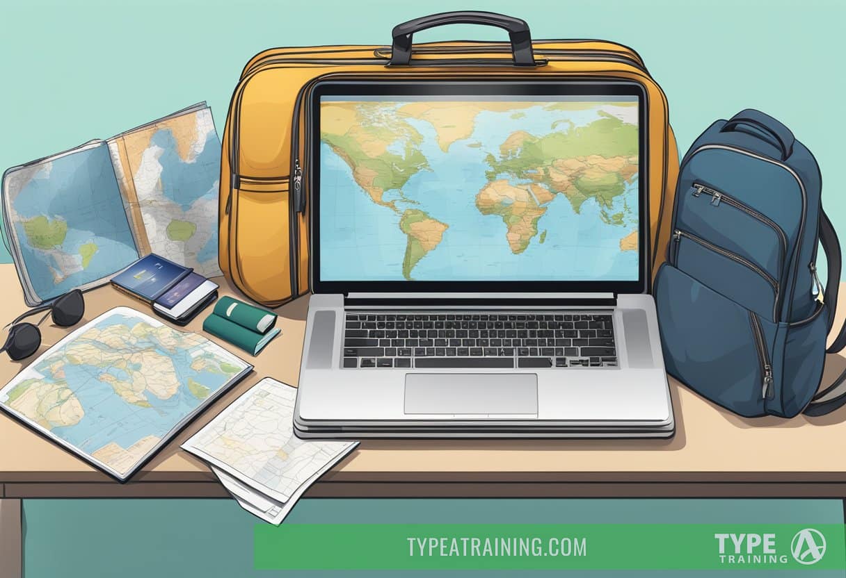 A suitcase packed with workout gear next to a map and travel guide on a table. An open laptop displaying fitness videos